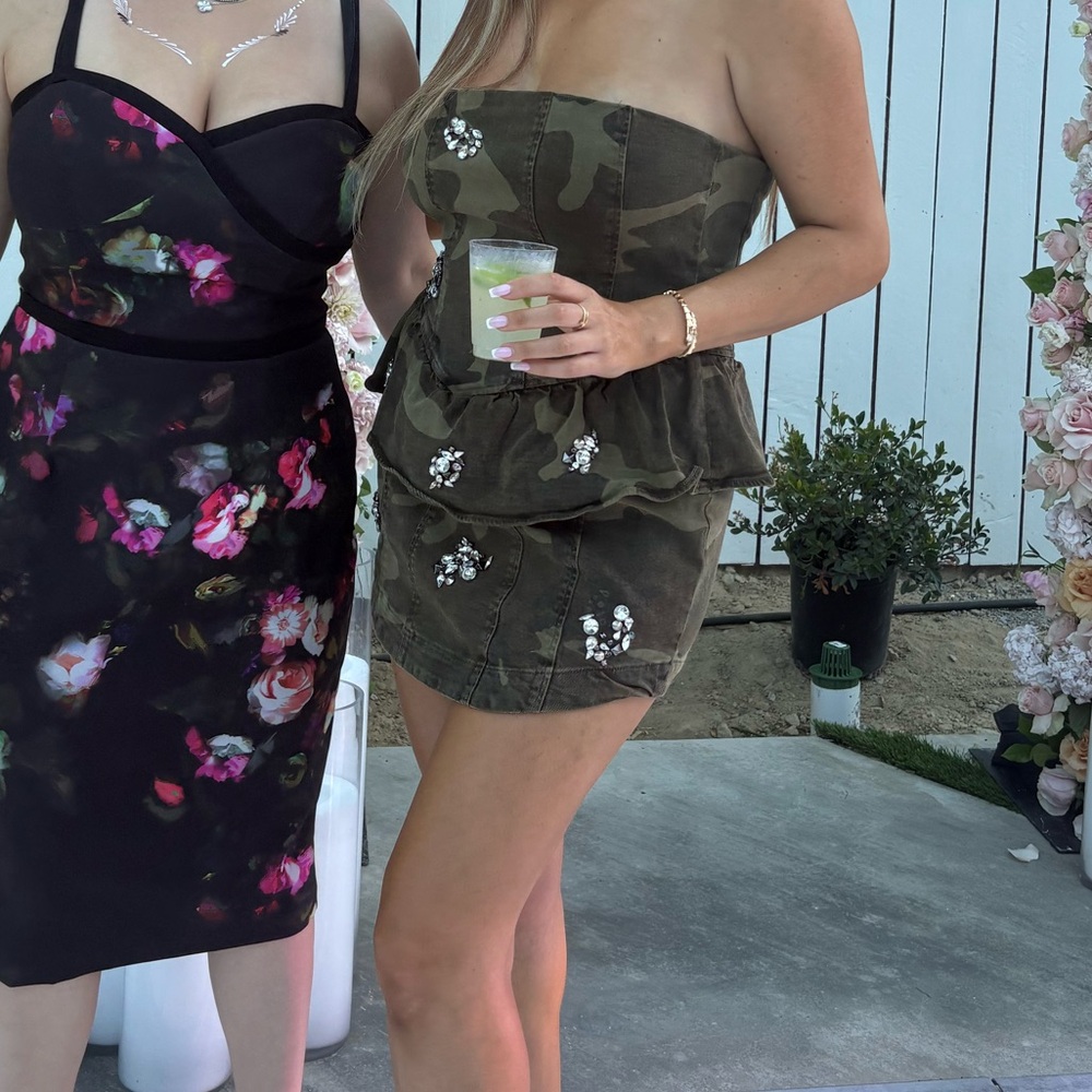 All Saints Black Floral Strapless Dress